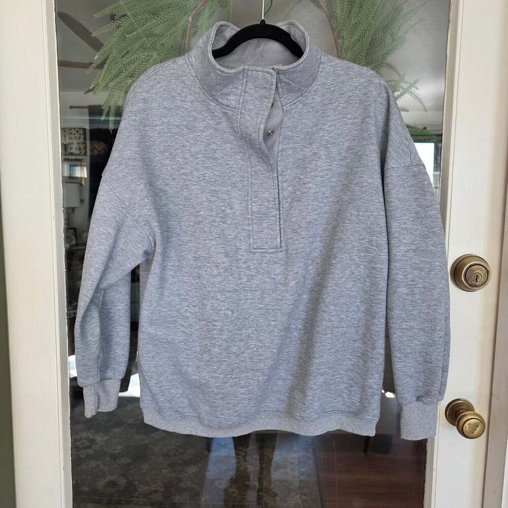 Gray Oversized Mock Neck Snap Button Pullover Sweatshirt Cozy Athleisure